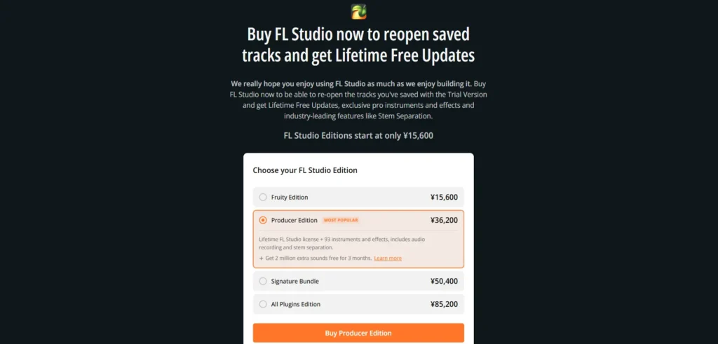 Trial版で保存した曲を開き直すために有料版を案内するFL Studio購入ページ