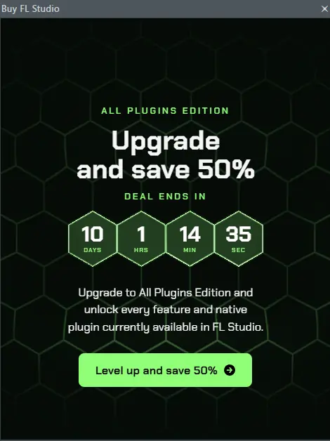 FL Studio Trial版で表示されたAll Plugins Editionの50%割引購入案内