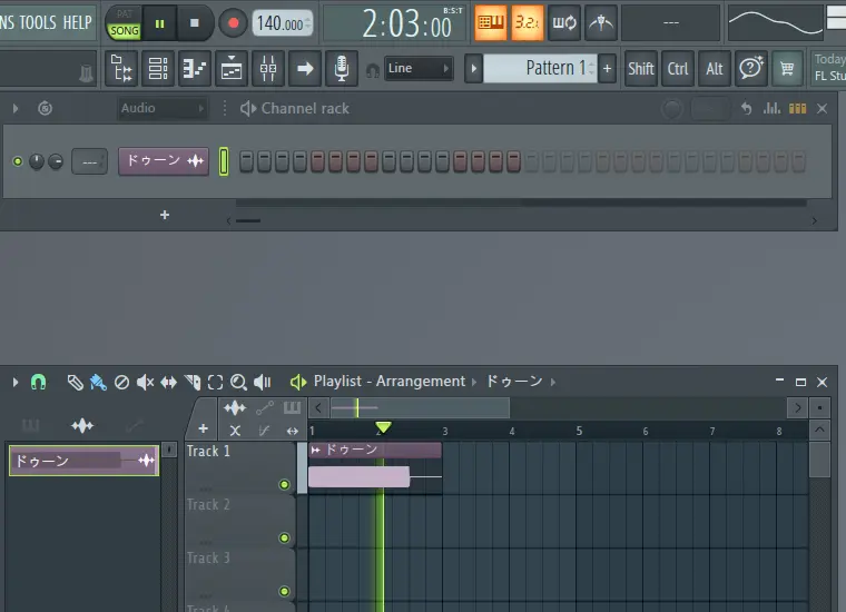 FL StudioのPlaylistに波形付きのAudio Clipが置かれ、SONGモードが選ばれている画面