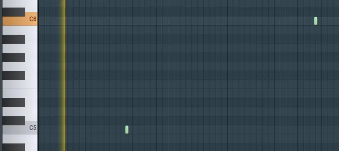 Piano rollのC5とC6の行に、それぞれ短いノートが置かれている