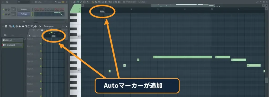 FL StudioのPiano rollとPlaylistへCtrl + TでAutoタイムマーカーが追加された画面