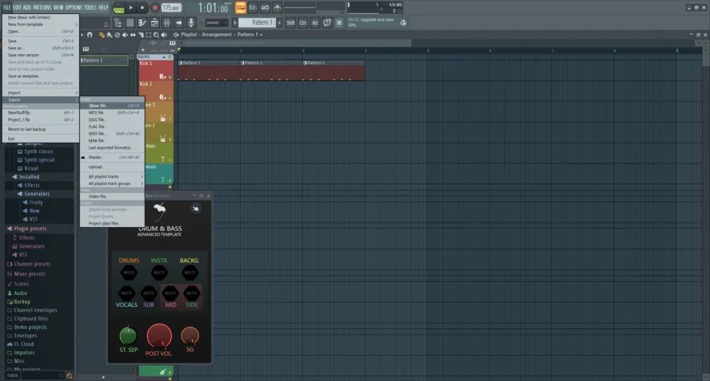 FL Studio TrialのFILEメニューからMP3・WAVのExport項目を開いた画面