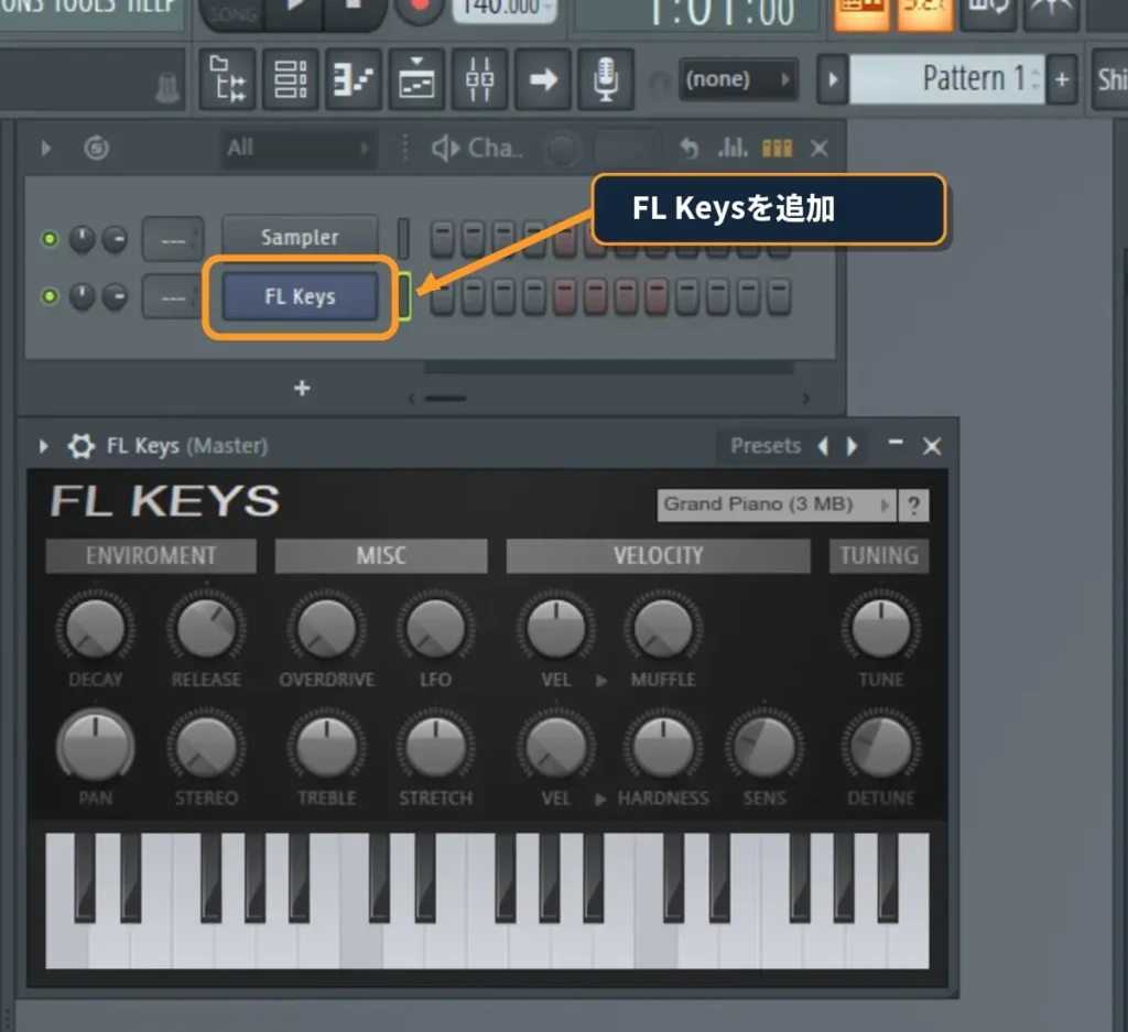 FL Studio Trial版のChannel RackへFL Keysを追加した画面