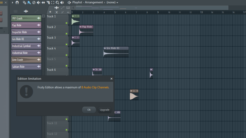 Fruity Editionで9種類目のAudio Clip Channelを追加したときの上限警告