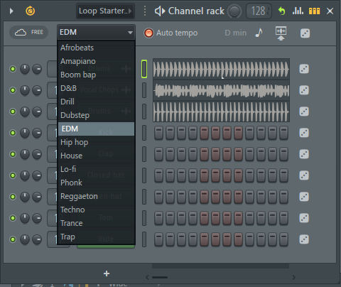 FL StudioのLoop Starterで選択できる15種類のジャンルを表示したメニュー