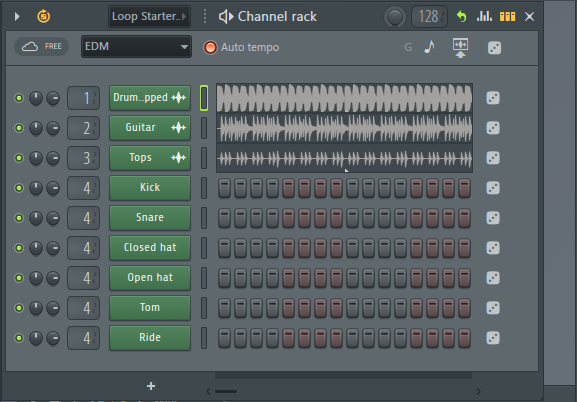 FL Studio Trial版でLoop Starterを開きEDMのループとワンショットがChannel Rackに表示された画面