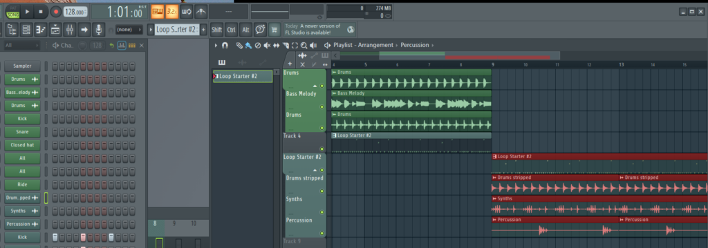 Loop Starterで作った3本のAudio Clipとワンショット用Pattern ClipをFL StudioのPlaylistへ配置した画面