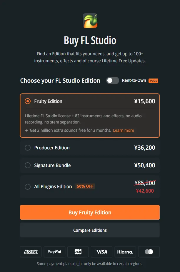 FL Studioの4エディションの日本円価格とAll Plugins Editionの50% OFFを表示した公式購入画面