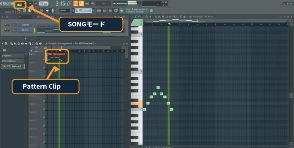 No MIDI keyboardというPatternをPlaylistへ配置し、SONGモードで再生しているFL Studio画面