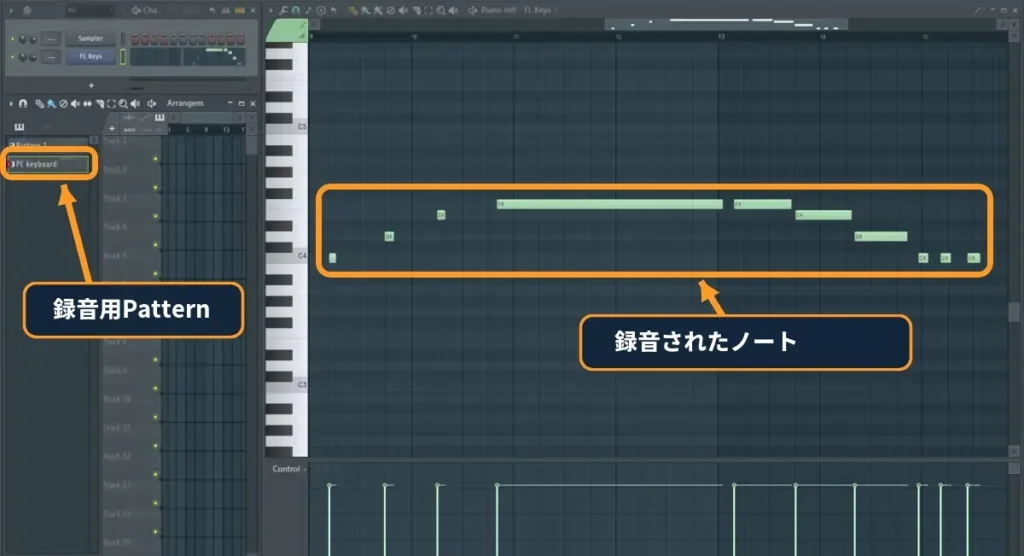 PCキーボードで演奏した音がFL StudioのPiano rollへ記録された画面