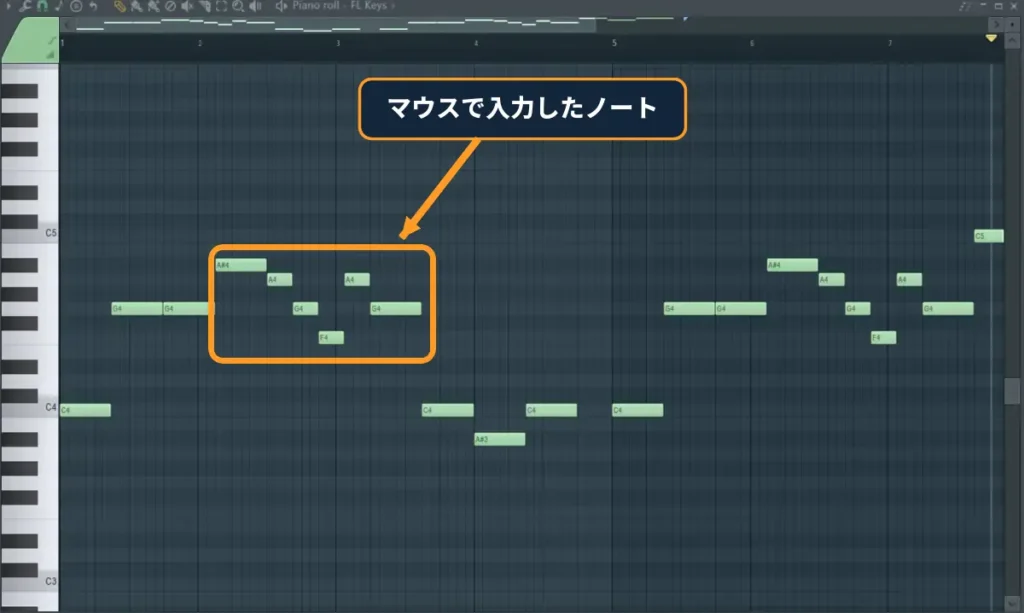 FL StudioのPiano rollへマウスで複数のノートを入力した画面