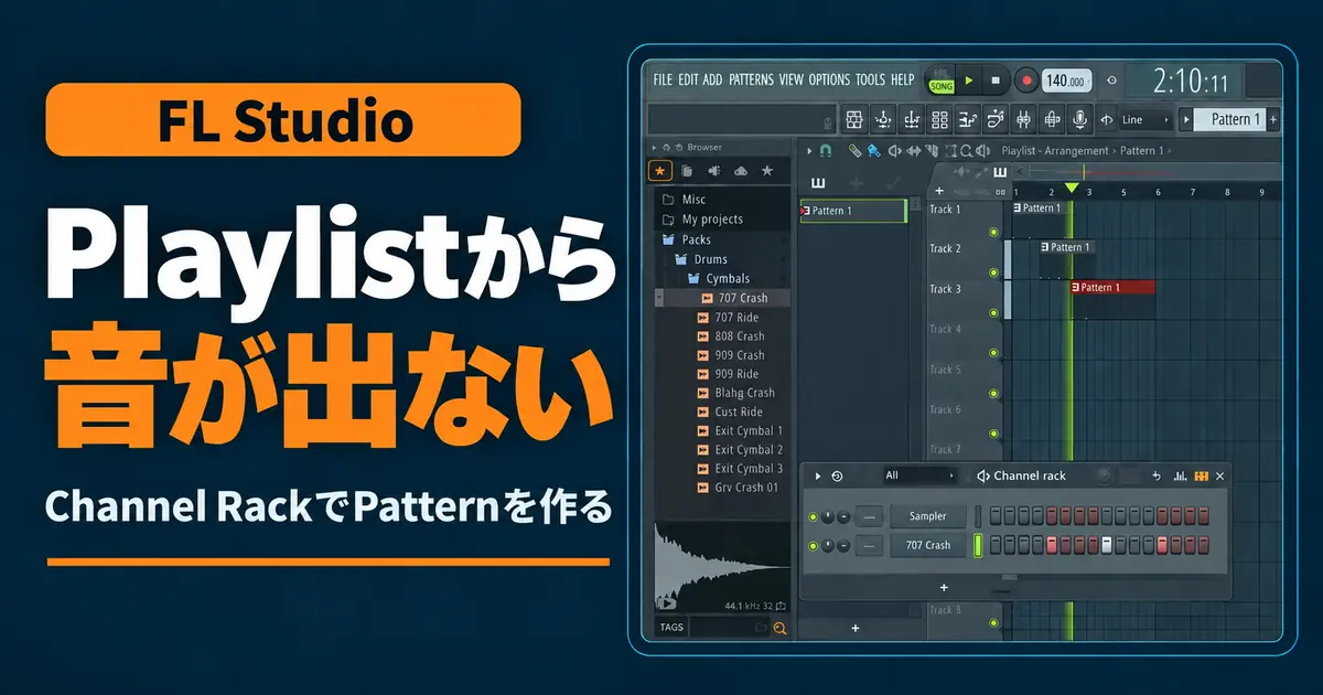 FL StudioのPlaylistとChannel Rackを表示し、Playlistから音が出ない原因を示すアイキャッチ画像