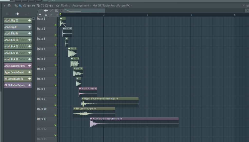 Producer Edition相当のTrial版で11種類のAudio Clip ChannelsをPlaylistへ配置した画面