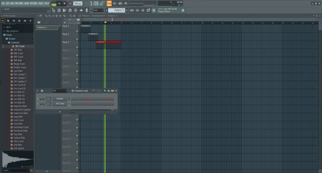 FL Studioの空のPattern 1をPlaylistへ配置してSONGモードで再生している画面