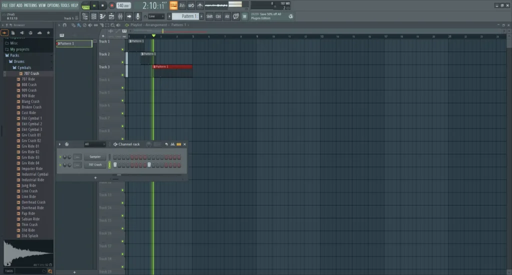 FL StudioのChannel Rackで707 Crashのステップを入力しPlaylistをSONGモードで再生している画面