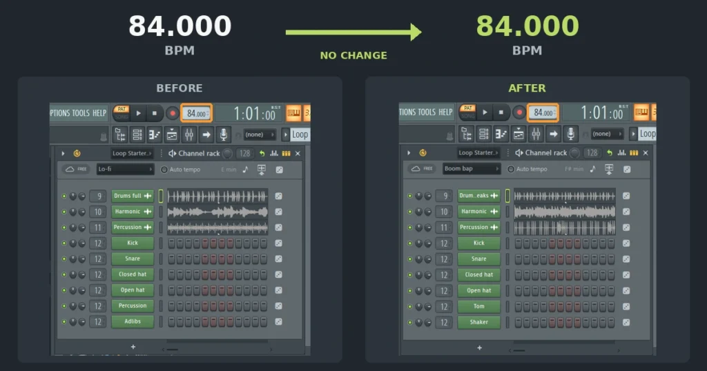 Loop StarterでAuto tempoを無効にしてBoom bapへ変更しても上部のテンポが84 BPMを維持した画面