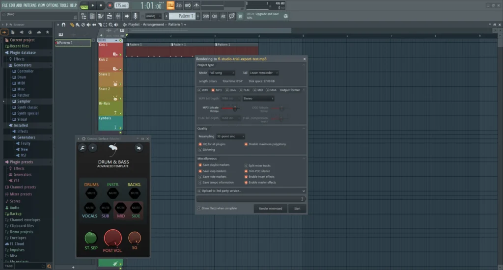 FL Studio TrialでMP3を192kbpsに設定した書き出し画面