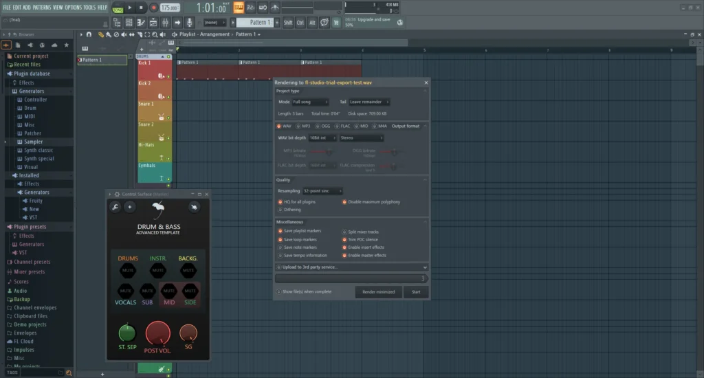 FL Studio TrialでWAVを16bit intに設定した書き出し画面